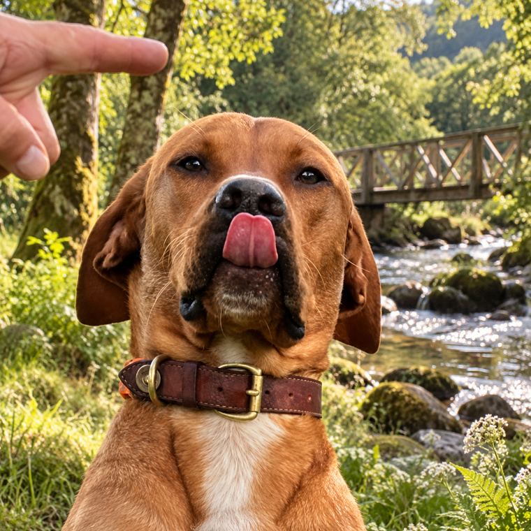 Bertie, a tan dog in a leather collar, sitting by the footbridge with his tongue out, waiting for a treat.