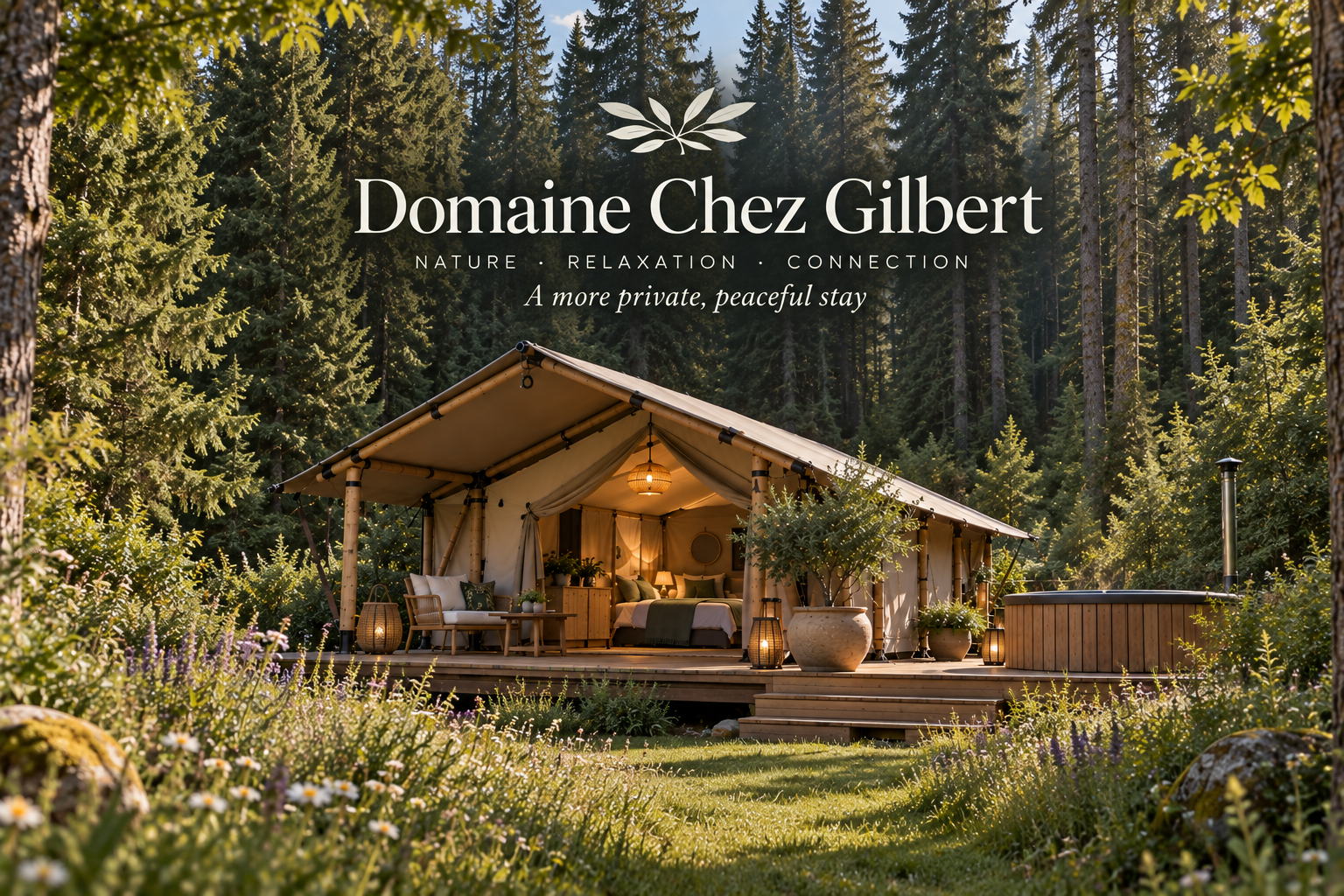 Domaine Chez Gilbert — a lamplit safari tent on a timber deck at the edge of Douglas fir woodland, with a wood-fired hot tub beside it and wildflowers in the grass.